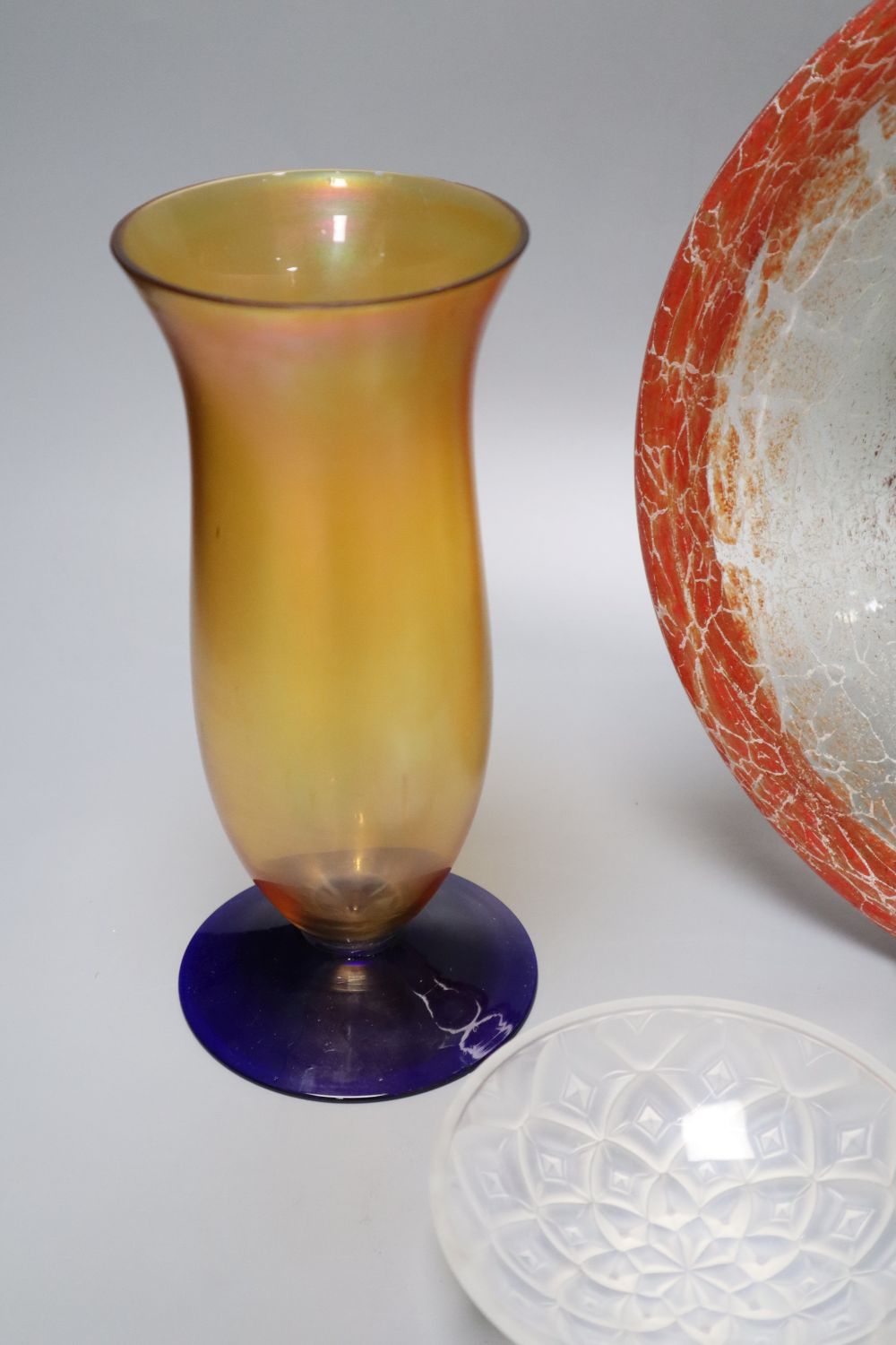 A Clyne Farquarson for John Walsh lead crystal Leaf vase, two WMF glass pieces and a pair of Choisy-le-Roi small dishes